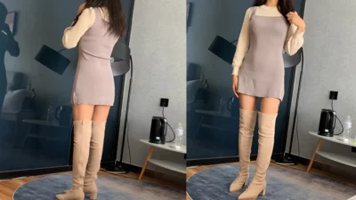 长靴少妇站着被后入